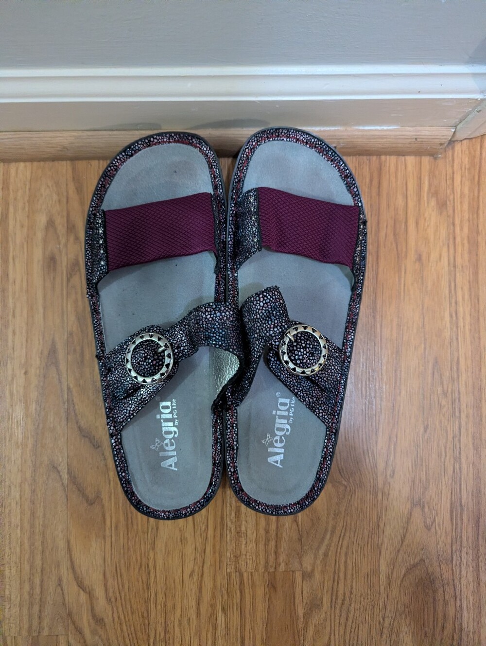 Alegria Women's Slide Sandals with Burgundy Strap and Black Speckle